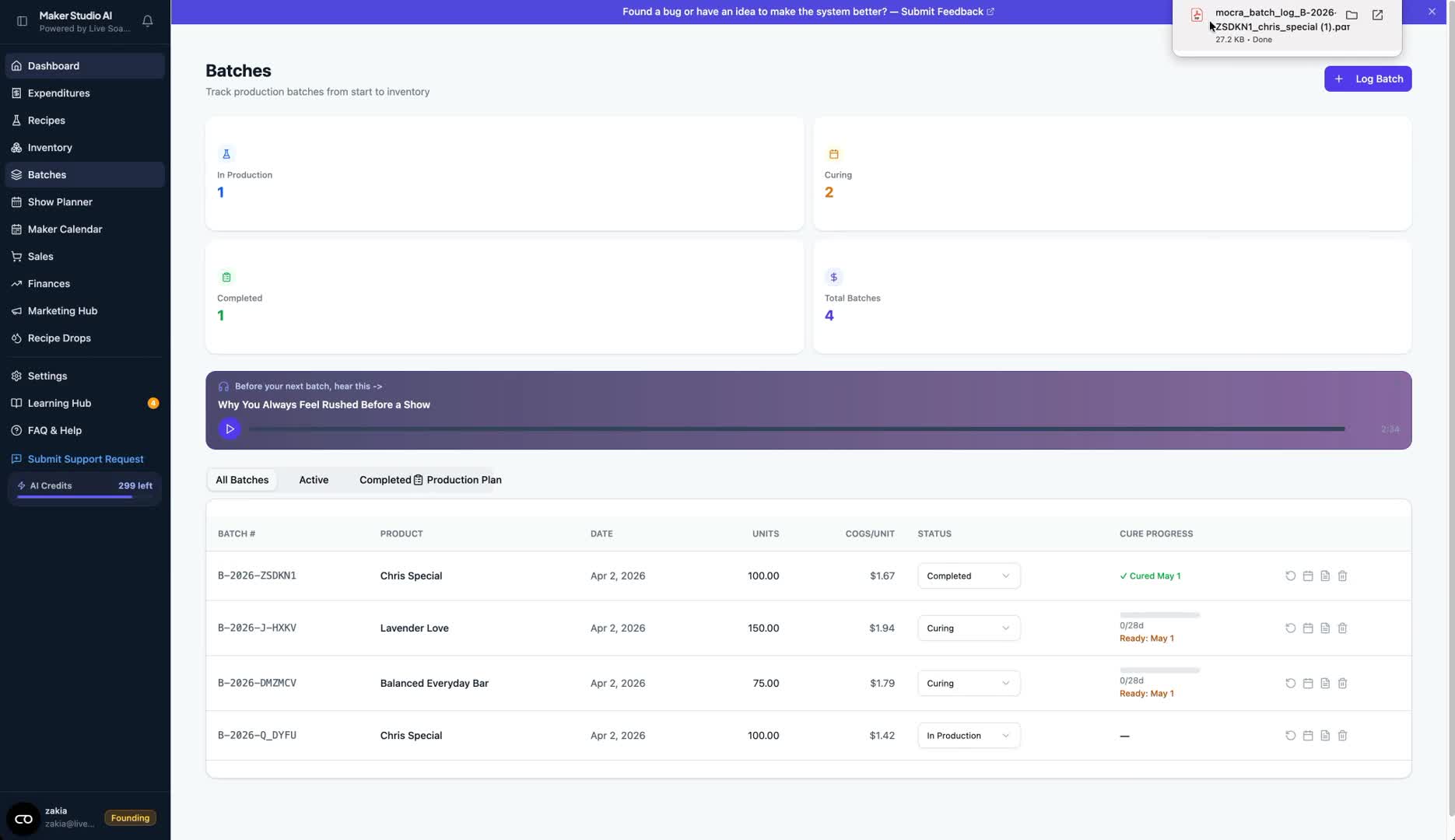 Batches: Track Production, Costs and Curing